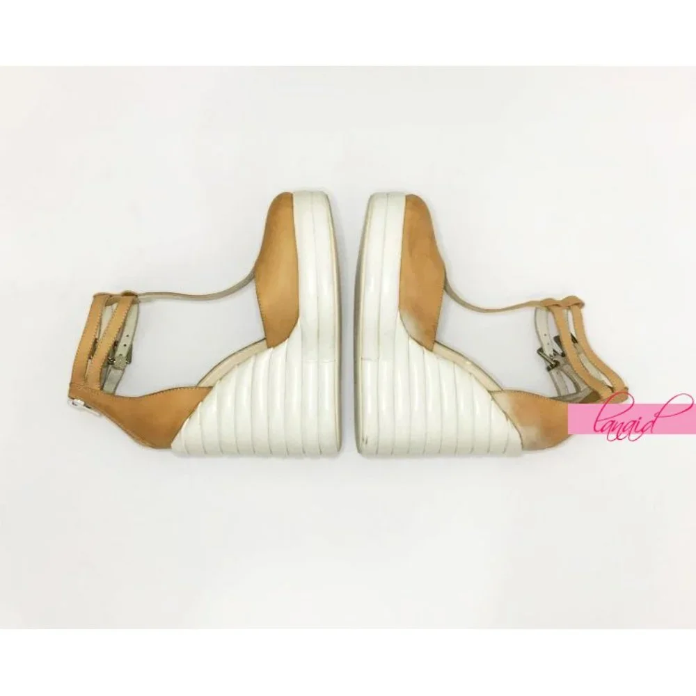 Jeffrey Campbell Sous Wedges Leather Camel White Bubble Strappy Platform Heels 6